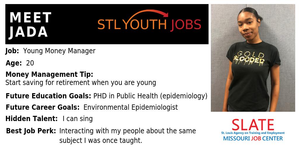StlYouthJobs's tweet photo. Meet Young Money Manager Jada. An important lesson on savings: "pay yourself first!"@SLATE_MCC @1stFinancial @CFEfund @Citi foundaiton #smartsavings #peertopeer #summerjobsconnect #FutureSTL #smartfinances #moneymanagementtip https://t.co/jA1UNpsbIZ
