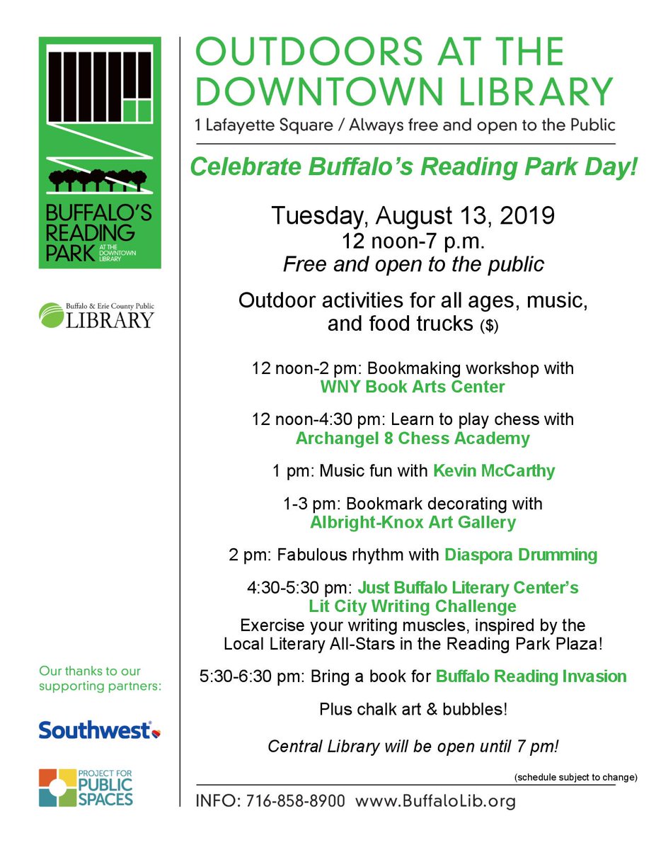 buffalolibrary's tweet photo. We're so excited to celebrate #Buffalo's #ReadingPark with our friends @WNYBookArts @AlbrightKnox @justbuffalolit @ReadingInvasion @YA_WNY &amp; more on Tuesday, August 13 from 12 noon - 7 pm. FREE!

Huge thanks to our supporting partners @SouthwestAir &amp; @PPS_Placemaking! https://t.co/IO1TBJr45i