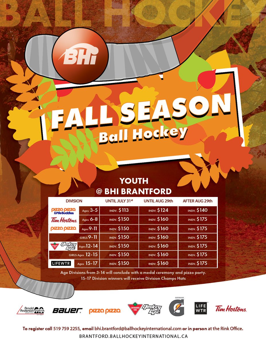 First Fall Season Early Bird Pricing Deadline Ends Tomorrow!  This summer heatwave has us thinking about Fall Season, and we think you should be too!  Register ONLINE, call 519 759 2255 or email bhi.brantford@ballhockeyinternational.com ow.ly/jwpe50vh8Do #ballhockey