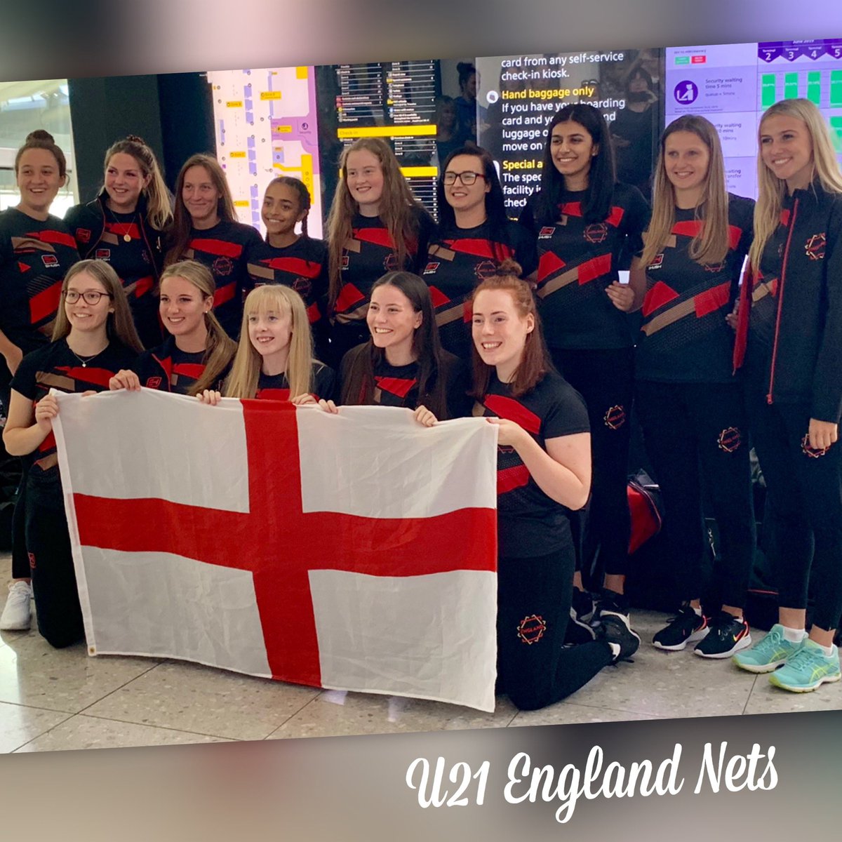 Gtownnetball's tweet photo. We would like to wish Grangetown’s Prem Player Hannah Raine the very best of luck as she heads out to South Africa to compete in the @EnglandNets World Cup - pictured at Heathrow with the U21 Squad. 🖤🧡 #englandnets #englandnetsu21 https://t.co/xz6NeyRPuU