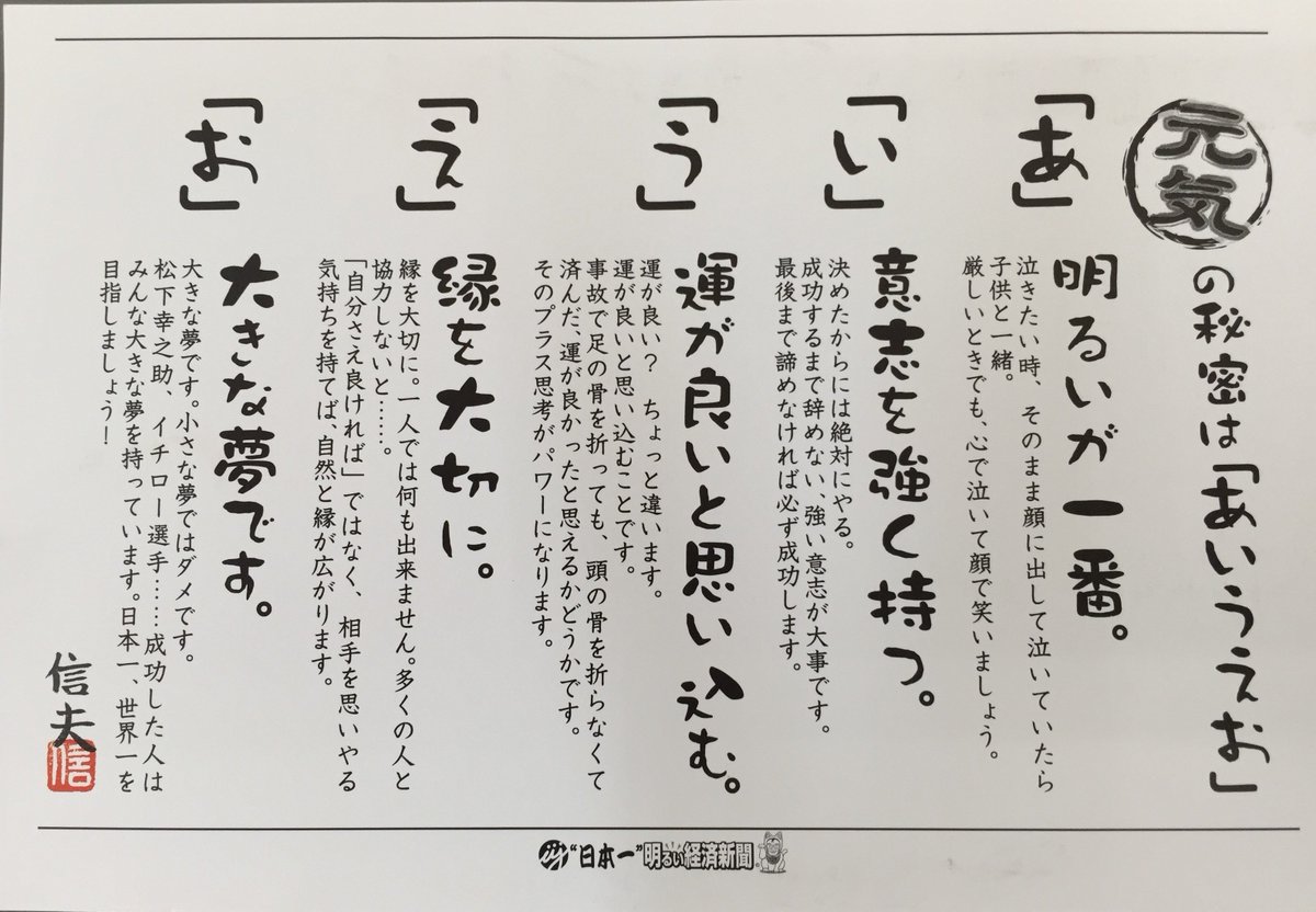 ばねのフセハツ工業 On Twitter 日本一明るい経済新聞様より頂きました はがきの裏面に面白い標語がございました 元気の秘密は あいうえお 毎日 酷暑ですが 熱中症に掛からない様に 皆様水分の補給忘れずに Https T Co 4od6fn7rmy Tenji Kikaiyoso