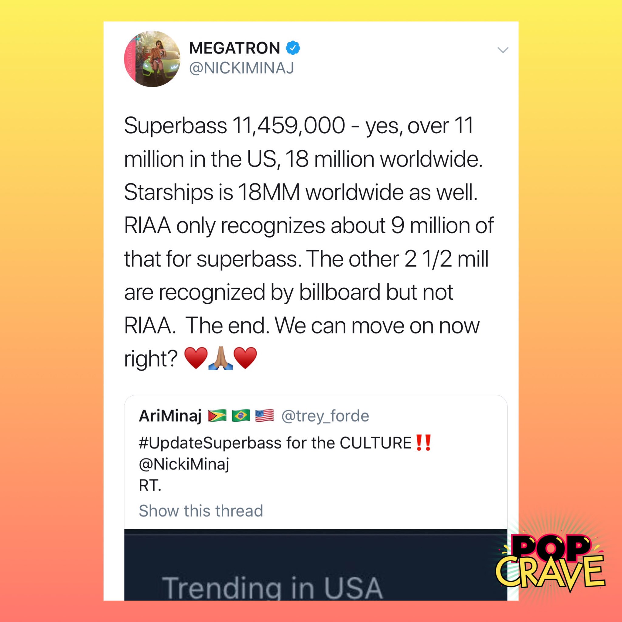 Pop Crave On Twitter Nicki Minaj Explains That Her Iconic Hit Super Bass Is Not Yet Eligible For Diamond Certification After Updatesuperbass Started Trending In The Us The Rapper Says That Riaa - nicki minaj super bass roblox id