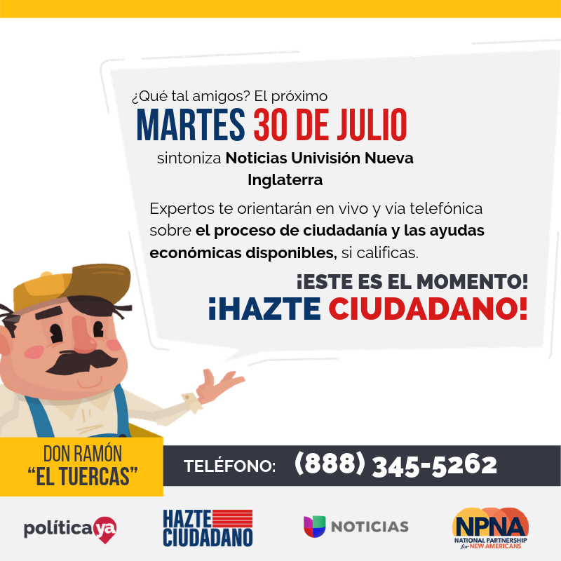 NotiYaBoston's tweet photo. #HazteCiudadano y no pongas en riesgo lo que tienes, lo que has logrado, ni a tu familia. Te brindaremos asesoramiento con expertos de  @npnewamericans . Llámanos al (888) 345-5262 de 5:30 a 7pm o ingresa a https://t.co/vemUtDBdoU. #UnMillonPara2020 https://t.co/xqSwElDVH8