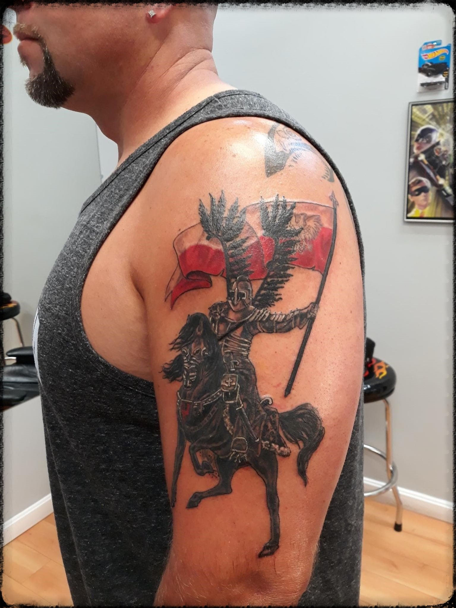 Really happy with this Polish Winged Hussar from today Custom drawn not  from a photo reference Thanks again Nick Im really open to more black  and  By Tattoos by Matt Brumelow 