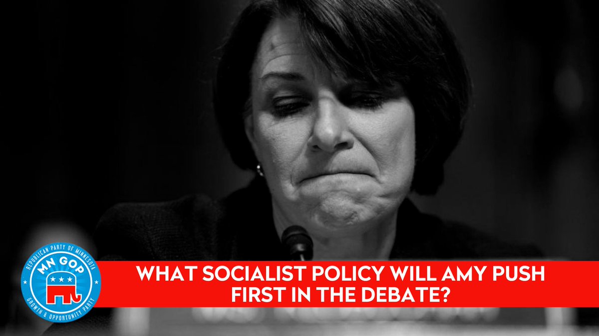 mngop's tweet photo. Tonight is yet another #DemDebate and we'll kick it off with the first question: "What socialist policy will @AmyKlobuchar push first in the debate?" Submit your answer here: https://t.co/RKMEcMsc1n https://t.co/kHUF4khZqp