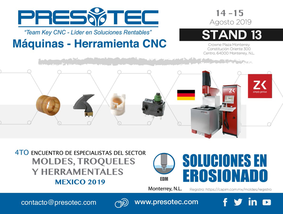 presotec's tweet photo. ¡Falta poco y no puedes faltar! Próximo 14-15 Agosto 2019 Stand 13, Moldes, Troqueles y Herramentales. Conoce tecnología Alemana en erosionado #edm #presotec #solucionesrentablesCNC #teamkeyCNC #zk #simplygenius #erosionado #ZimmerKreim
Registro: https://t.co/U8SMrEjgx0 https://t.co/zJcfQDpXQ1