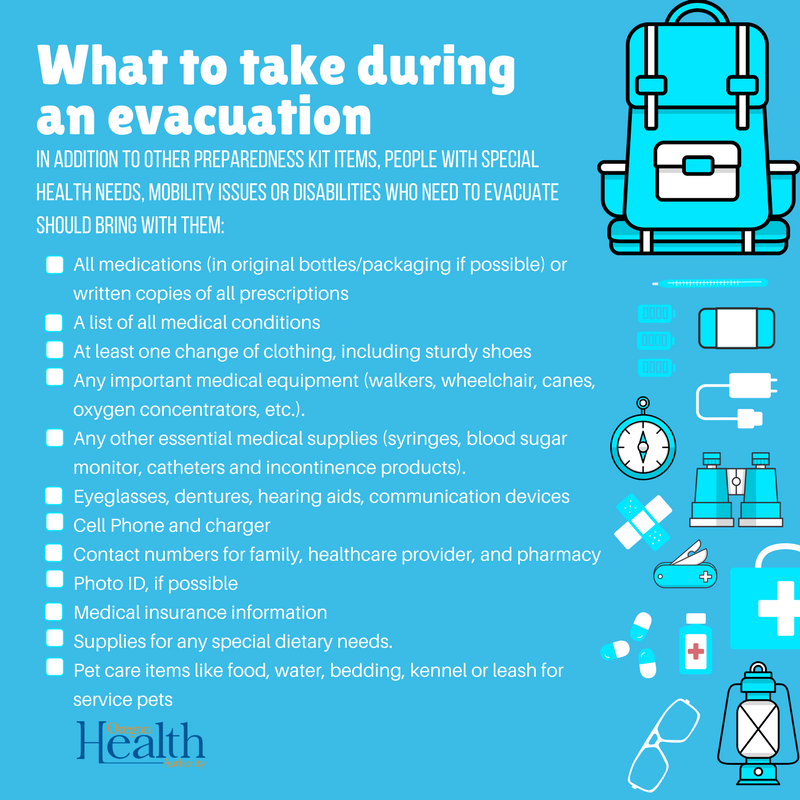 OHAOregon's tweet image. Evacuations can happen quickly during #wildfire season, so it's never too soon to make sure your emergency preparedness kit is stocked and ready to go. Here are some health items to keep in mind as you pack your kit. #Preparedness #MP97Fire