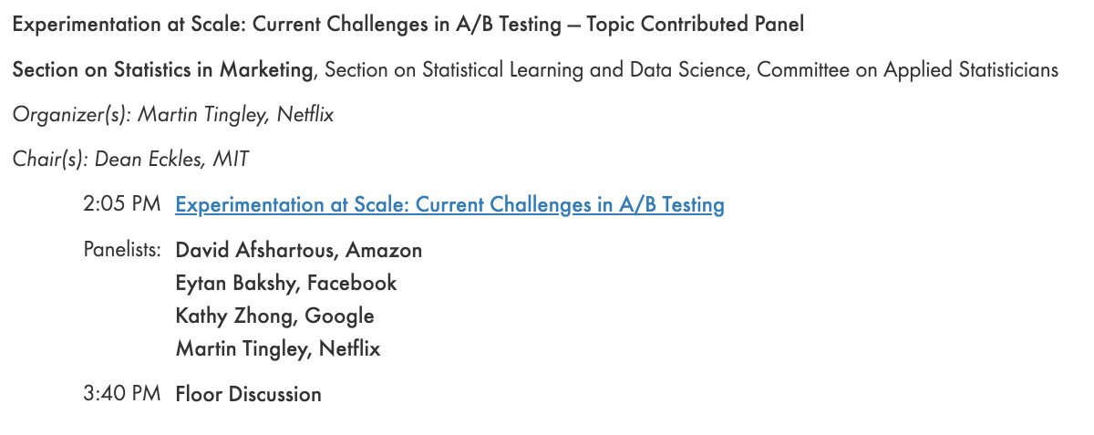 Interested in large-scale, rapid experimentation in the Internet industry? There are multiple sessions tomorrow at #jsm2019 on the topic. I'm moderating this panel with experts from FANG in CC-703. Will dig into statistical, computational, and practical issues.