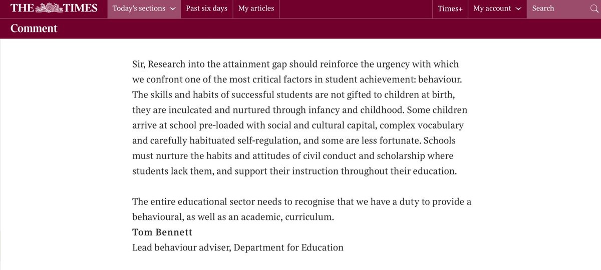 Tom Bennett OBE (@tombennett71) on Twitter photo My letter in Tuesday's <a href="/thetimes/">The Times and The Sunday Times</a> about one of the main reasons we see attainment gaps: behaviour thetimes.co.uk/edition/commen… My letter in Tuesday's <a href="/thetimes/">The Times and The Sunday Times</a> about one of the main reasons we see attainment gaps: behaviour thetimes.co.uk/edition/commen…