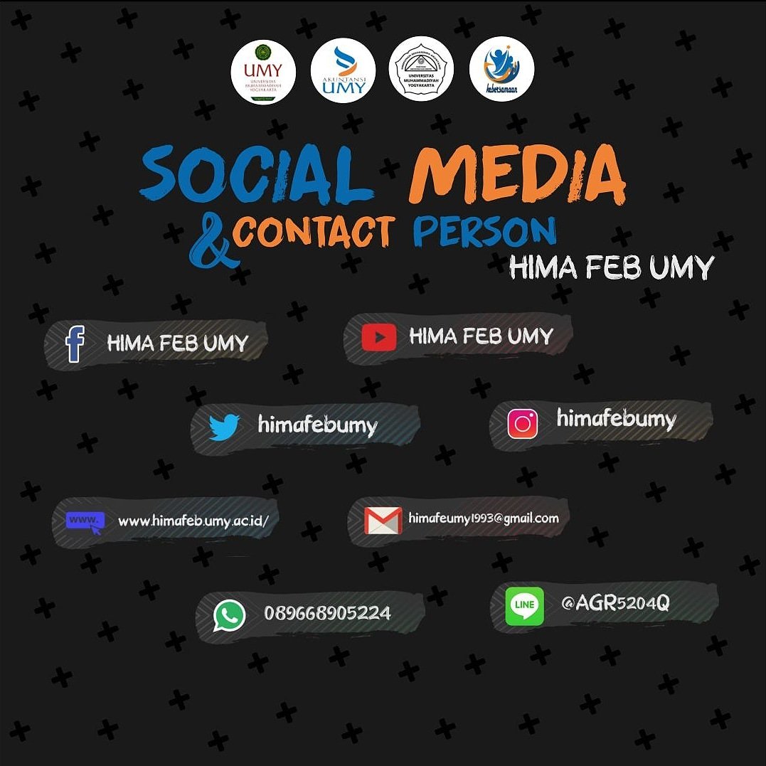 SOCIAL MEDIA &amp; CONTACT PERSON HIMA FEB UMY
.
Whatsapp : 089668905224
Facebook: Hima Feb Umy
Twitter: @himafebumy
Instagram: himafebumy
Official Line: @agr5204q
Youtube: HIMA FEB UMY
Website: himafeb.umy.ac.id
Email: himafeumy1993@gmail.com
.
Kabinet Kebersamaan 👌
#HIMAJAYA
