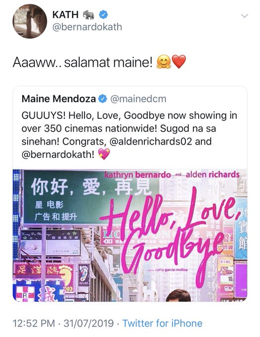 LOOK: Kapamilya, Kapuso stars unite? Kathryn Bernardo <a href="/bernardokath/">KATH 🐘</a> thanks Maine Mendoza <a href="/mainedcm/">Maine Mendoza</a> for supporting her movie with Alden Richards 'Hello, Love, Goodbye' showing today in 350 cinemas | <a href="/TristanNodalo/">Tristan Nodalo</a>

#HelloLoveGoodbyeNowShowing