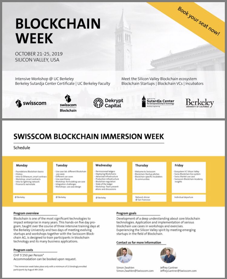 Do you want to learn about blockchain in an intensive 5-day workshop in Silicon Valley? Register for the Swisscom &amp; UC Berkeley Blockchain Week now! outpost.swisscom.com/blockchain-wee… <a href="/simon_zwahlen/">Simon Zwahlen</a> @SwisscomStartUp #blockchain #swisscom