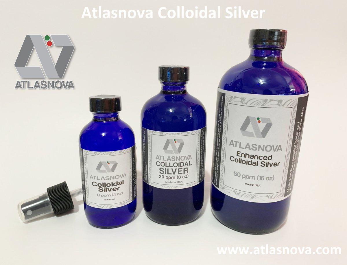 atlasnova's tweet photo. The Atlasnova Colloidal Silver 10 ppm, 20 ppm, and 50 ppm are made fresh daily. Available in 4oz, 8oz, and 16oz and stored in a cobalt blue bottle, and sealed for added protection. Made in the USA! For more info, please visit 
https://t.co/Ddrq2Z32wF #atlasnova #madeinusa #silver https://t.co/uDPCtZ8cvD