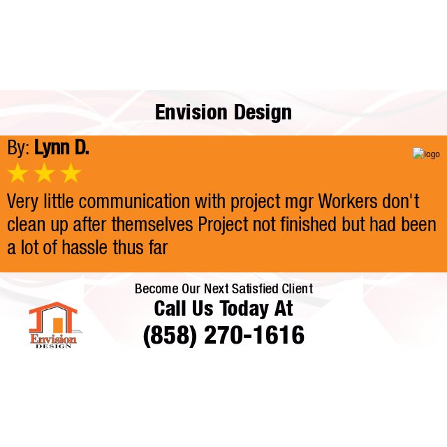 EnvisionSD's tweet photo. 3 Star: Lynn D. "Very little communication with project mgr  Workers don't clean up after themselves  Project..." https://t.co/ExUbITiKCA https://t.co/3aWNyo3r2S