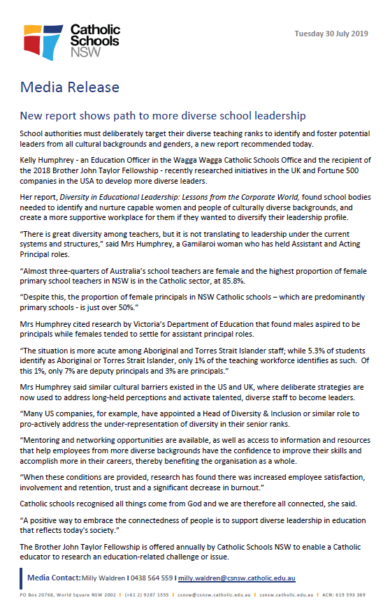 CathSchoolsNSW's tweet photo. MEDIA RELEASE: New report shows path to more diverse school leadership https://t.co/WTvIsFe4vq