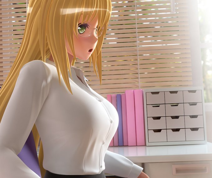 お仕事中のティアーユの姿です!
ブラウスがパツパツでボタンが取れそうな勢いです(*'ω`*)
ストッキングの質感もいい感じになってきました～ 