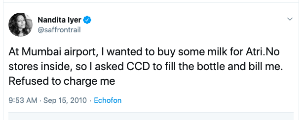 saffrontrail's tweet photo. Among many memorable 
@CafeCoffeeDay
 experiences
- this one touched me.
2010, I was traveling with my toddler son. Had forgotten to carry milk. I asked CCD to fill a bottle for me, charge me for 2 coffees. They refused to bill it. RIP #VGSiddhartha, your brand will live long. https://t.co/eAalRNoYkO