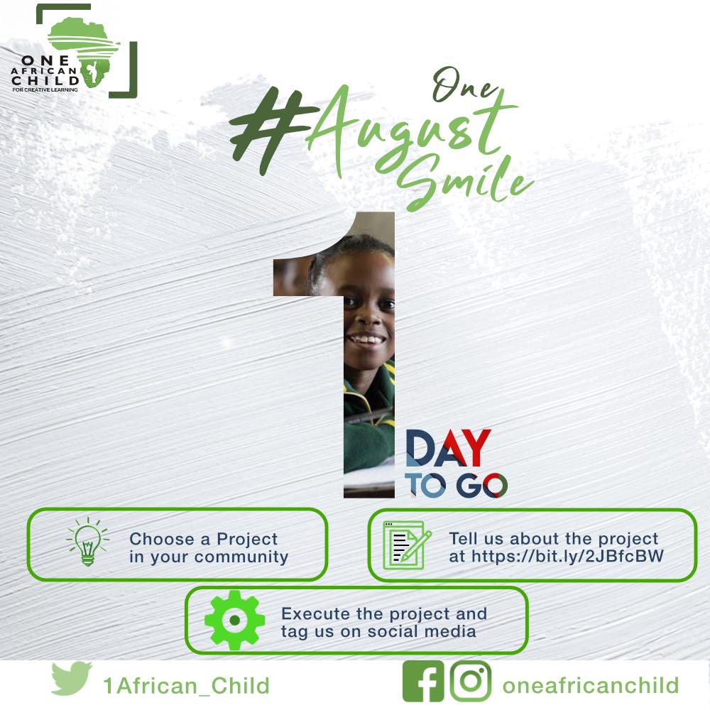 1African_Child's tweet photo. July we hate to see you go,  but we also can't wait to start our #OneAugustSmile projects tomorrow! Wave your hands like this 🖐, let's see if you are as pumped as we are. 
#OneAfricanChild #OneAugustSmile2019 #sdg4 https://t.co/C7da1Bk6dX