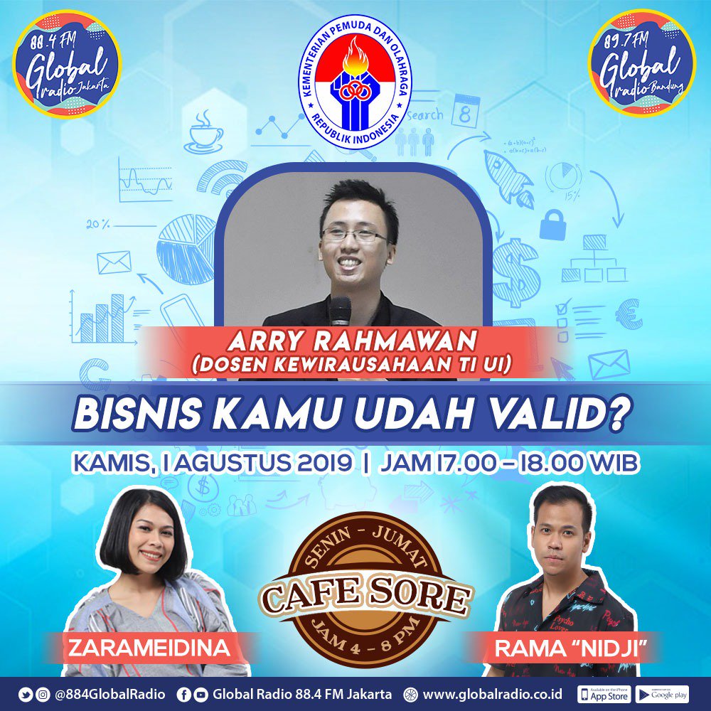 Mau tau caranya biar konsep bisnis kamu makin mantap &amp; sukses?

Dengerin Cafe Sore besok, 1 Agustus bareng <a href="/KEMENPORA_RI/">KEMENPORA RI</a>.
Akan ada <a href="/ArryRahmawan/">Arry Rahmawan</a> yang akan menjawab semua pertanyaan &amp; keraguan seputar bisnis!

#globalxkemenpora #kemenpora #wirausahamuda #bisnis #suksessedarimuda