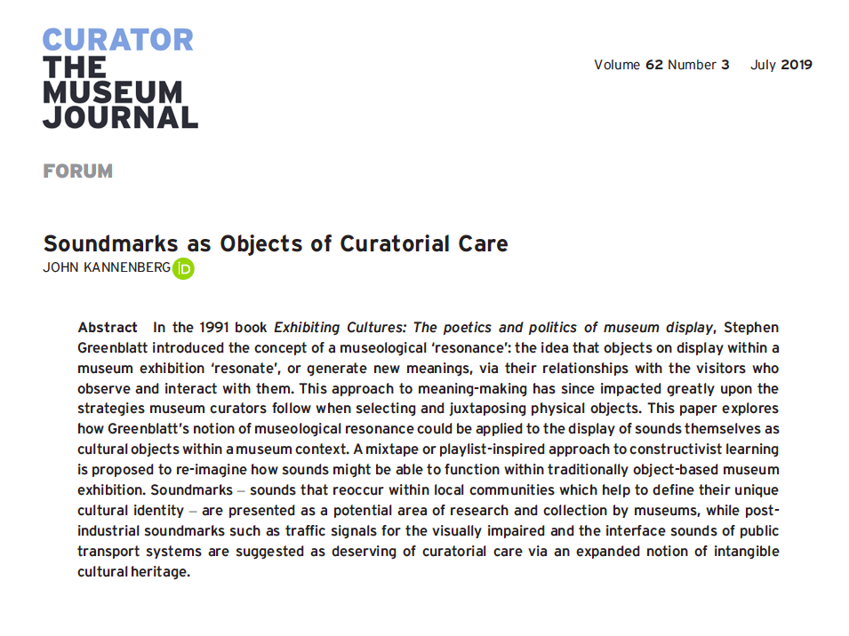 museumsound's tweet photo. Our Director @JohnKannenberg has a new article about his #curatorial approach to collecting and exhibiting #soundmarks in the latest edition of @CuratorJournal. Read the abstract in the image below, and access the complete article at this link: https://t.co/HSvnnJowbb https://t.co/fsZTUBI8Bz