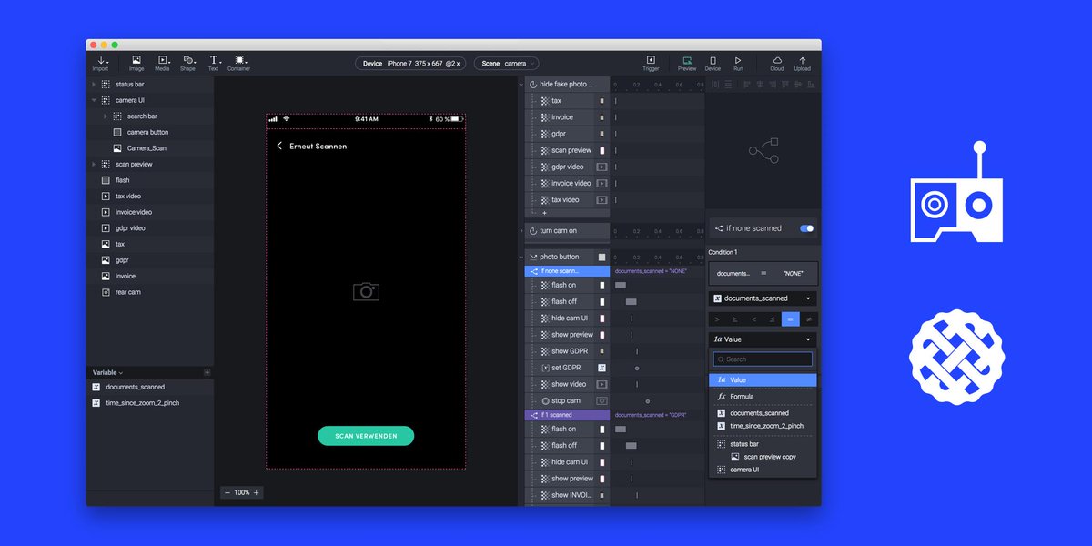 Taikonauten's tweet image. #PickTheRightTools – a mantra we’re very keen on following in every project. Using @ProtoPie8 we build a functioning prototype for an upcoming product in only 1 day. In our user test it could even access the phone camera 🤯What are your favorite #prototypingtools? Let us know! 🚀