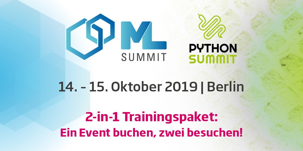MLSummit_DE's tweet image. Zeitgleich zum #MLSummit_DE findet das große Trainingsevent für Python – der @python_summit statt. Das tolle daran? 😎 Wenn ihr euch für den ML Summit anmeldet, könnt ihr automatisch auch an den Workshops des #Python_Summit teilnehmen 🐍