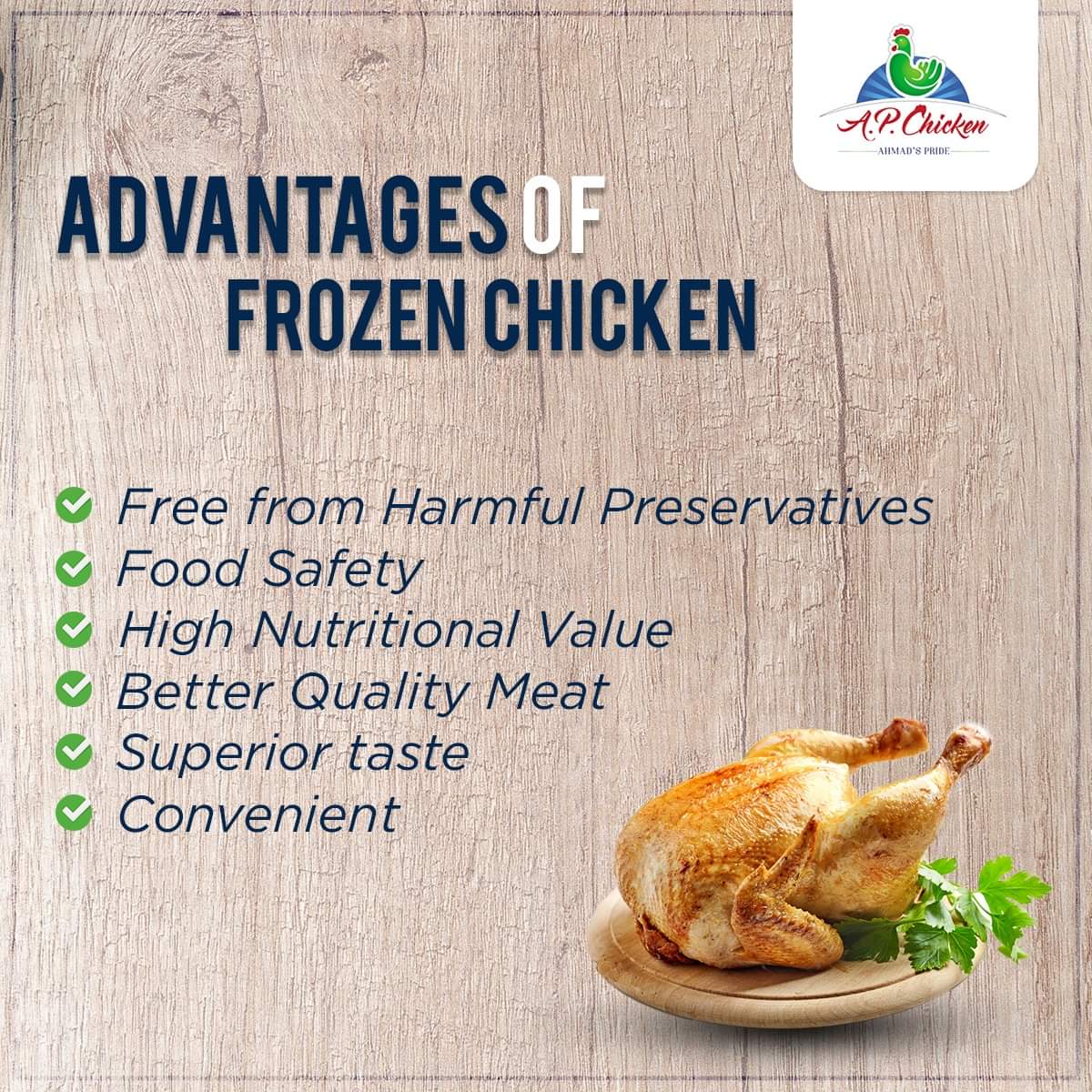 ap_chicken's tweet photo. ADVANTAGES OF FROZEN CHICKEN
1. Free from Harmful Preservatives
2. Food Safety
3. High Nutritional Value
4. Better Quality Meat
5. Superior taste
6. Convenient
#APChicken #AP #FreshChicken #EasynQuick #Natural #FrozenChicken #Healthy #HalalApchicken #Ahmadspride #Hygiene #Tasty https://t.co/HyV7y7sELD