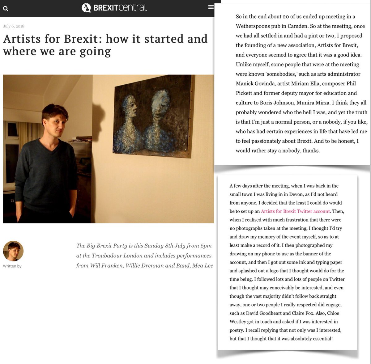 ...Change Britain has an overlapping leadership with Artists For Brexit and Invoke Democracy Now, both of which are dominated by LM veterans. Mirza helped set up AFB and Westley has been involved in it. It is heavily promoted by BrexitCentral.  https://brexitcentral.com/artists-brexit-started-going/