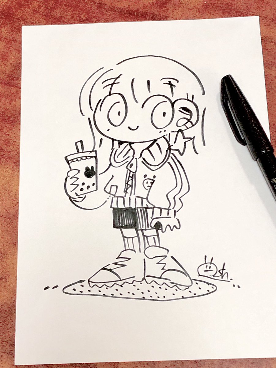 traditional media 1girl solo smile holding marker (medium) bubble tea  illustration images