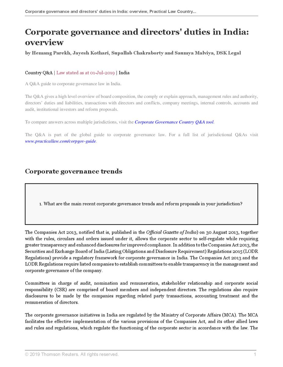 An extensive Q&amp;A guide to corporate governance law in India has been published in the July issue of Thomson Reuters (Practical Law). The article has been authored by Hemang Parekh and team. 

Please click on the link below to read:
dsklegal.com/wp-content/upl…