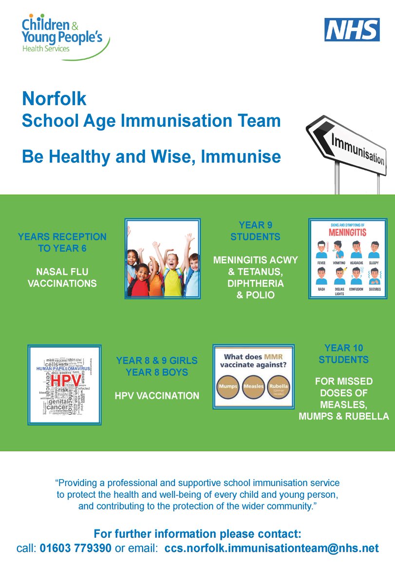 Our #SchoolImms service - protecting the health and well-being of every child and young person, and contributing to the protection of the wider community. Need advice please call: 01603 779390 or email: Ccs-tr.norfolkimmsteam@nhs.net