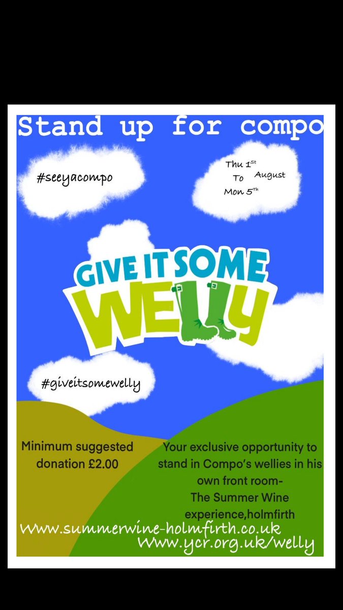 AndCompo's tweet image. Join us this weekend as we open part of the Summer Wine exhibition exclusively for you, try on Compo's wellies and have your picture taken sat in his chair! All for #Yorkshire #CancerResearch #together  #YorkshireDay #seeyacompo #giveitsomewelly @CR_UK @yorkshirecancer