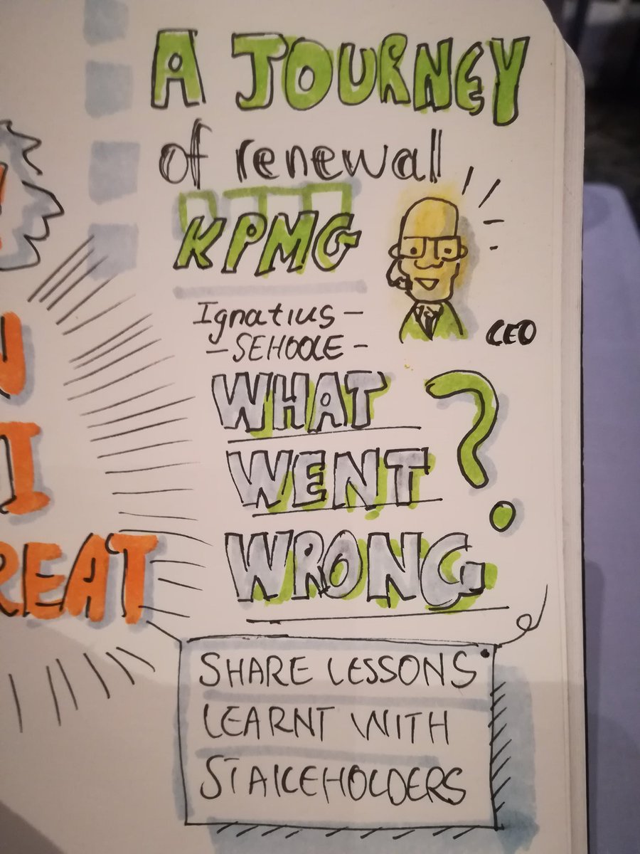 thesanscribe's tweet photo. @CEMAfricaSummit #kpmg outlining their journey to renewal. Fixing past errors #deonhanns #visualrecorder #graphicrecorder https://t.co/KNBup7w1Jb