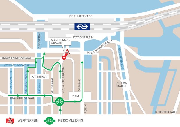 Vanaf maandag 5 augustus is het fietspad op de Martelaarsgracht richting CS afgesloten. Tot en met 13 september fiets je zo naar het station ➡️⤵️ 🚲🚲🚲 bit.ly/2kbHpFm #martelaarsgracht