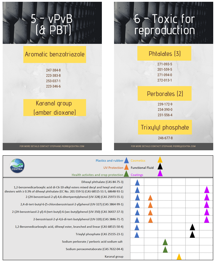 The vote is out.  During the REACH committee of July 2019. 1 substances rather than 12, as communicated in my webinar with <a href="/chemicalwatch/">Chemical Watch news & events by Enhesa</a> , will be added to the authorisation list in the following months.
See the list of substances &amp; principal markets impacted below