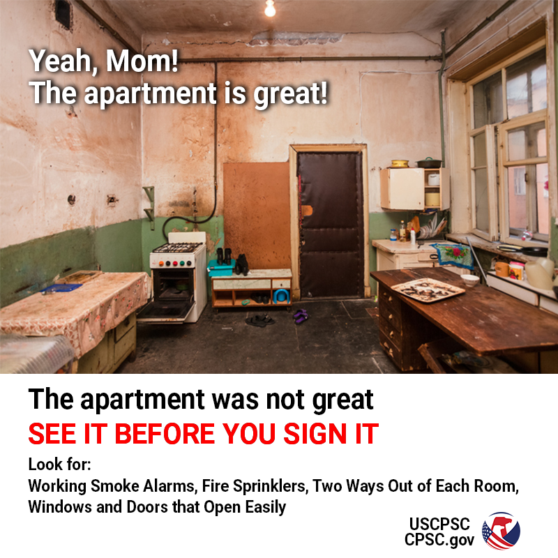 A photo of a very dirty apartment. The text reads, "Yeah mom! The apartment is great! The apartment was not great. See it before you sign it. Look for two ways out, smoke alarms, and carbon monoxide alarms."
