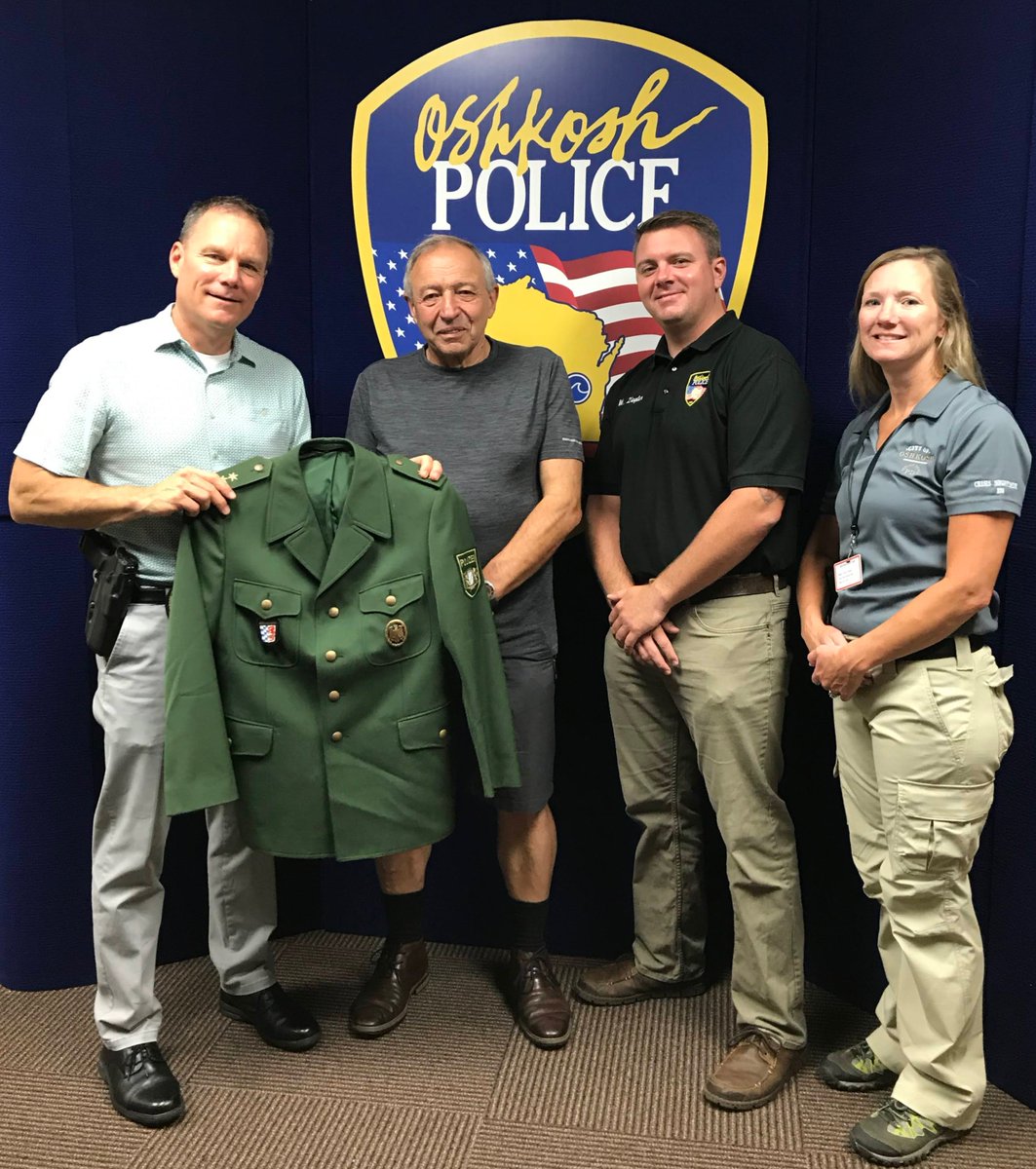 oshkoshpd's tweet photo. OPD thanks Alois Stengl, a retired Police Officer from Bavaria, Germany, for his amazing donation of a police uniform! Alois served 4 years in the Navy before entering Police School and becoming a Police Officer. He served 39 years until his retirement as a Lieutenant! https://t.co/uBghP3xCUK
