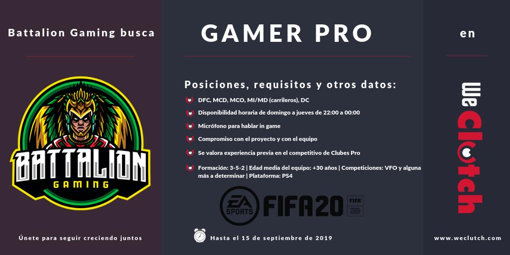 ¡Y cerramos el día con una nueva oferta! 🙌

En <a href="/BattalionGmg/">вaттalιon gaмιng</a> están buscando refuerzos de cara a #FIFA20 para su equipo de clubes pro ⚽🎮

Podéis ver la oferta completa aquí ➡ weclutch.com/offers/open/209