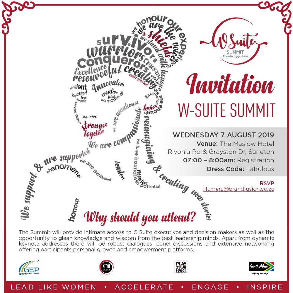 Louise McAuliffe (@lamazingmedia) on Twitter photo Ladies, free up your morning and get yourself invited to #WSuiteSummit <a href="/TheMaslowHotel/">The Maslow</a> on 7 August 2019.
Inspirational speakers and networking opportunities
#WomensMonth2019
Register now wsuite.co.za/about-w-suite/…
<a href="/KayteeBM/">Katie Mohamed</a> Ladies, free up your morning and get yourself invited to #WSuiteSummit <a href="/TheMaslowHotel/">The Maslow</a> on 7 August 2019.
Inspirational speakers and networking opportunities
#WomensMonth2019
Register now wsuite.co.za/about-w-suite/…
<a href="/KayteeBM/">Katie Mohamed</a>