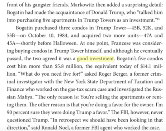 Condo owners Bogatin & Cooper each ran their schemes with Colombo family capo MIKEY FRANZESE. Who at one point also discussed buying TT condos with Bogatin.If he sounds familiar, you may remember him back in the day with Nickey Eyes & Pete the Killer.  https://books.google.com/books?id=73djDwAAQBAJ&printsec=frontcover&dq=Trump+Russia+hettena&hl=en&sa=X&ved=0ahUKEwiZ_4yMsN_jAhUMVd8KHeLDCWQQ6AEIKjAA#v=onepage&q=Trump%20Russia%20hettena&f=false