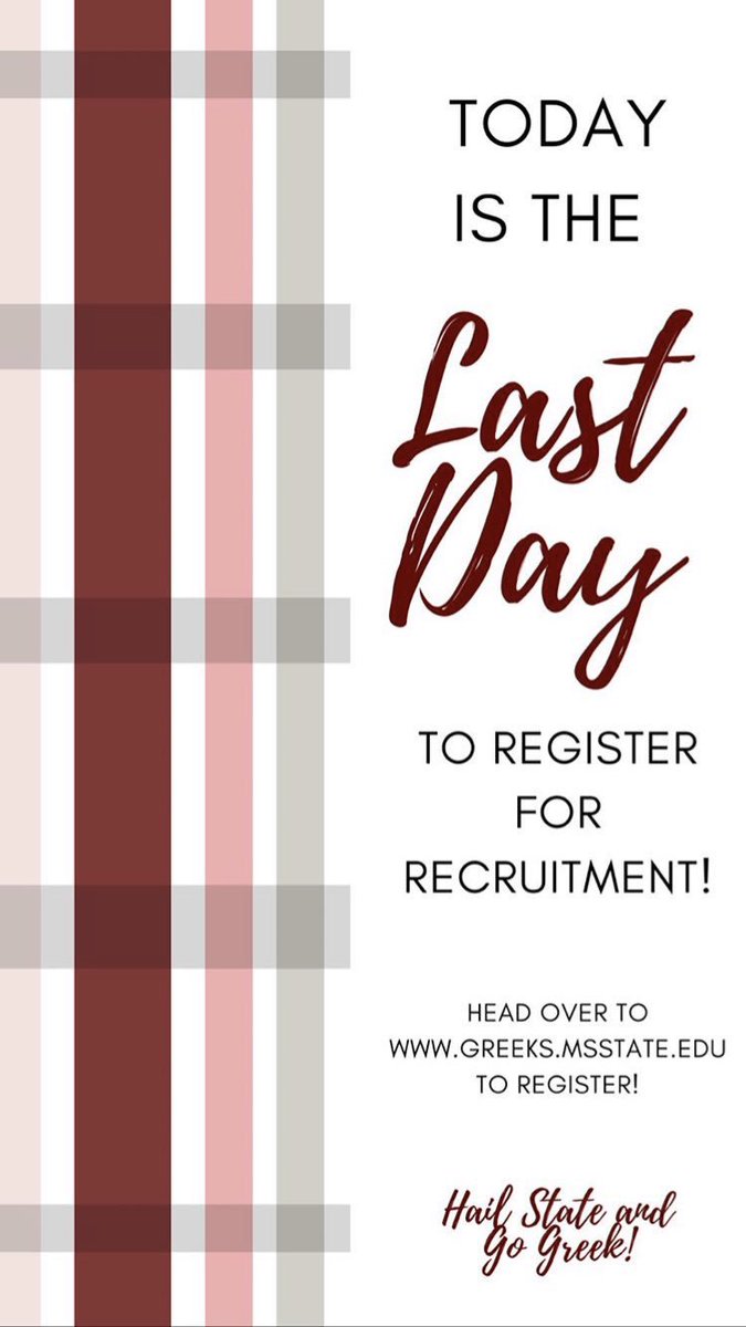 MSUTriDelta's tweet image. Today is the last day to register for Recruitment! Head over to greeks.msstate.edu and make the best decision ever! Go Greek, Go Tri Delta 🤩🤩