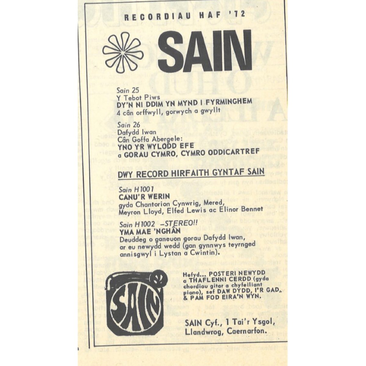 Sainrecords's tweet image. Hysbys gan SAIN yn ‘Sŵn’ Awst 1972 - chwilio am bosteri SAIN o’r cyfnod yma? Oes rhywun yn cofio prynu rhai? Cysylltwch â ni os gwelwch yn dda - hoffwn gynnwys rhain yn arddangosfa #SAIN50. Dewch draw i weld ni yn yr @eisteddfod i gael blas o’r hyn fydd yn yr arddangosfa mis Medi