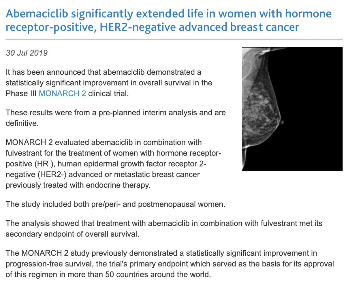 ecancer's tweet image. #Abemaciclib significantly extended life in women with hormone receptor-positive, HER2-negative advanced #breastcancer.
Read more here: bit.ly/2Kc5THA
#MONARCH2 #TargetedTherapy #OverallSurvival #Oncology