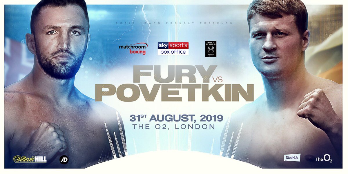 MatchroomBoxing's tweet photo. CONFIRMED: @hughiefury fights Alexander Povetkin, 31 Aug! 💥

🎟 We’re closing on a sell out @TheO2... Don’t delay 👀

#FuryPovetkin #LomaCampbell https://t.co/EKkLCWRkft