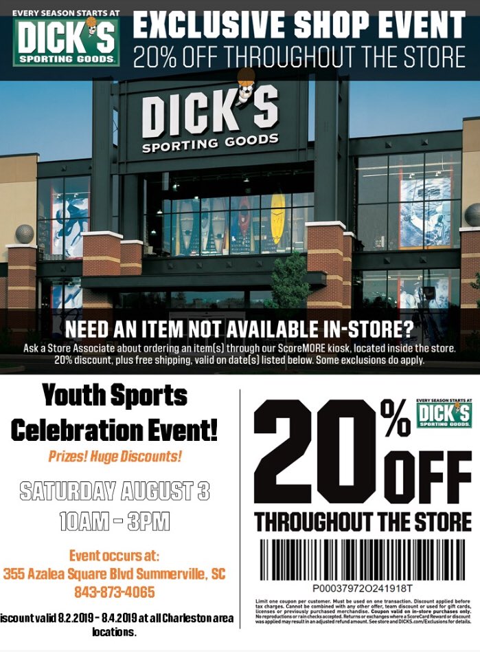 Summerville YMCA (@sfymca) on Twitter photo Join our friends <a href="/dickssportingss/">Dicks Sporting Goods</a> for their Youth Sports Celebration Event this weekend: Saturday August 3, 2019 from 10am – 3pm
Enter To Win for a $100 Gift Card!
Free Gift for the First 300 Athletes!
Huge Savings throughout the store! ⚽️🏀🏈⚾️🎾 Join our friends <a href="/dickssportingss/">Dicks Sporting Goods</a> for their Youth Sports Celebration Event this weekend: Saturday August 3, 2019 from 10am – 3pm
Enter To Win for a $100 Gift Card!
Free Gift for the First 300 Athletes!
Huge Savings throughout the store! ⚽️🏀🏈⚾️🎾