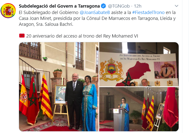 Sahara_1951's tweet photo. ¿Alguien da más? – El Subdelegado del Gobierno de España en Tarragona asiste a la #FiestadelTrono en la Casa Joan Miret, presidida por la Cónsul De Marruecos, Sra. Saloua Bachri https://t.co/y3P7haPUIn https://t.co/wRhcpQdC8C