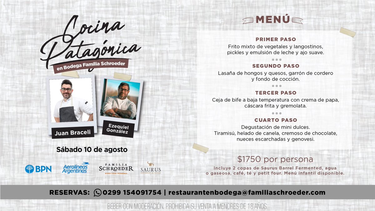 Saurus Restaurant en Bodega y Banco Provincia de Neuquén te invitan a un nuevo ciclo de Cocina Patagónica.
RESERVAS: 0299 154 09 1754 - restaurantenbodega@familiaschroeder.com
#BodegaFamiliaSchroeder #SaurusRestaurant #CocinaPatagonica #Patagonia #VinoArgentino #Gastronomia
