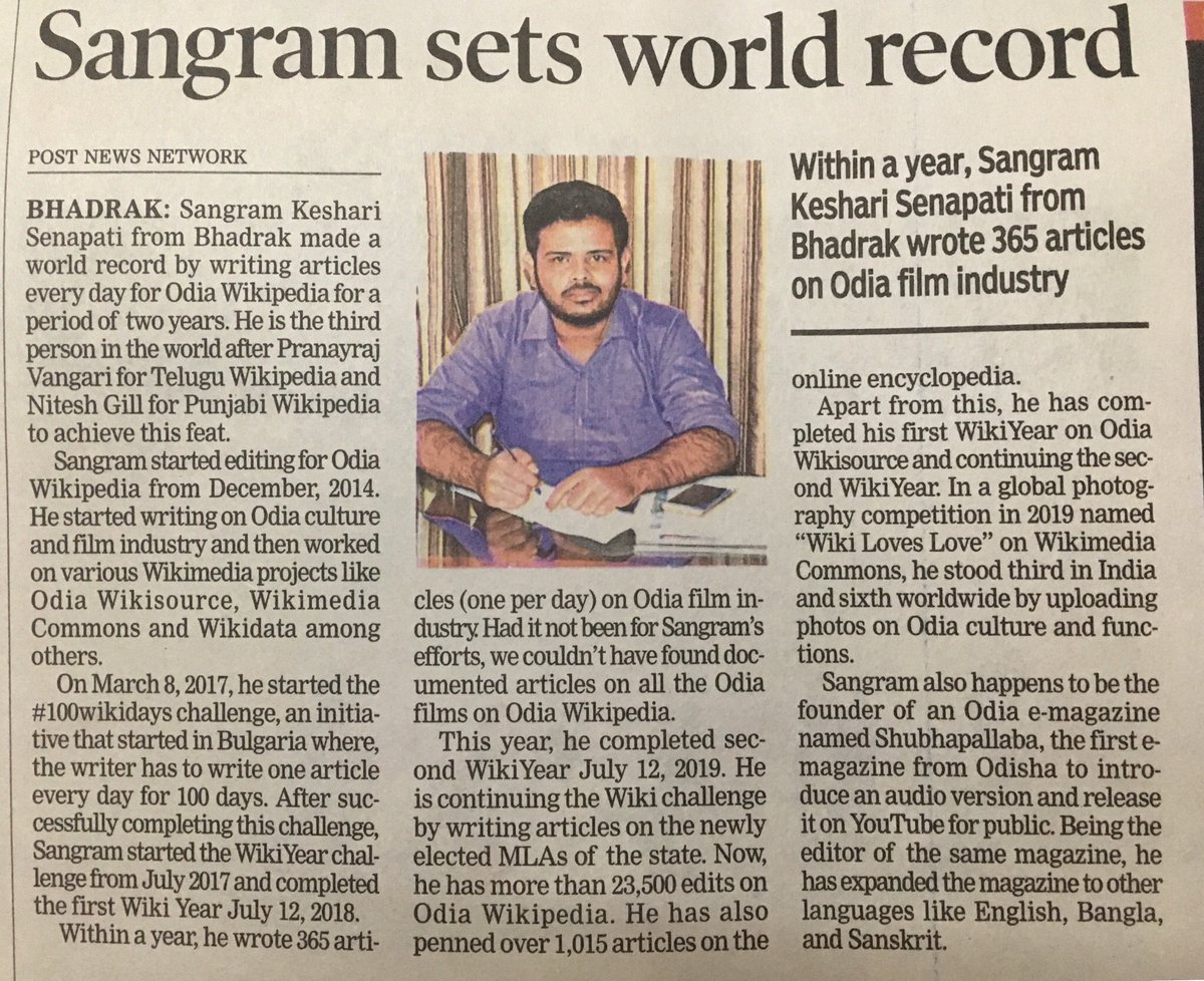 saroj_sabat's tweet photo. Congratulations Sangram Keshari Senapati #Wikipedia #worldrecord #100wikidayschallenge #WikiYear
@ssgapu22, we are so proud of you! Keep writing ✍️ https://t.co/q9MSY0E0v9