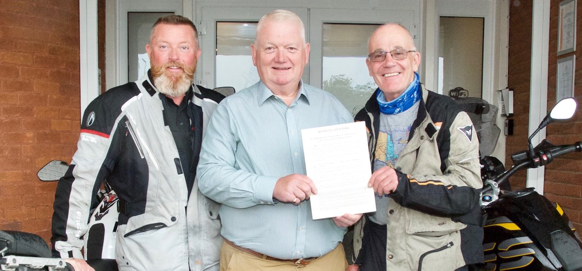 A lodge for motorcyclists passed another significant milestone in #Lincolnshire this morning: Chris Jones, left, and Andy Bagworth, right, hand the new Lodge's Petition to Provincial Secretary Tony Miller so he can take it to the next stage. Consecration next May, guys?