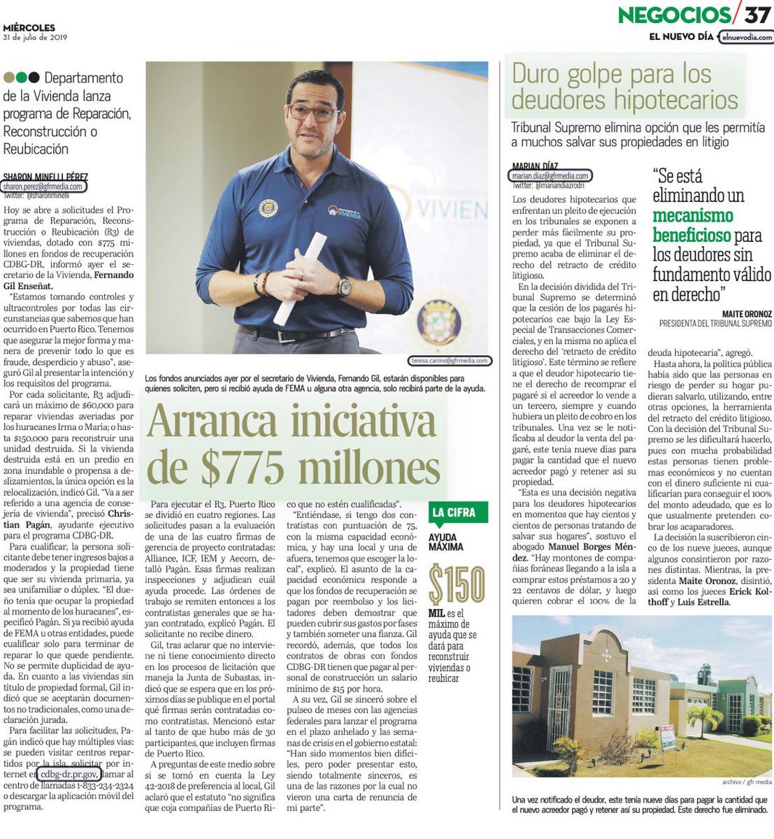 GilEnsenat's tweet image. Si tu vivienda todavía sufre daños causados por los huracanes Irma y/o María, podrías beneficiarte con el programa de Reconstrucción, Reparación o Reubicación (R3) del @DeptVivienda. Comunícate hoy al 1-833-234-2324 | Comparto reportajes publicados en @ElNuevoDia y @VoceroPR.